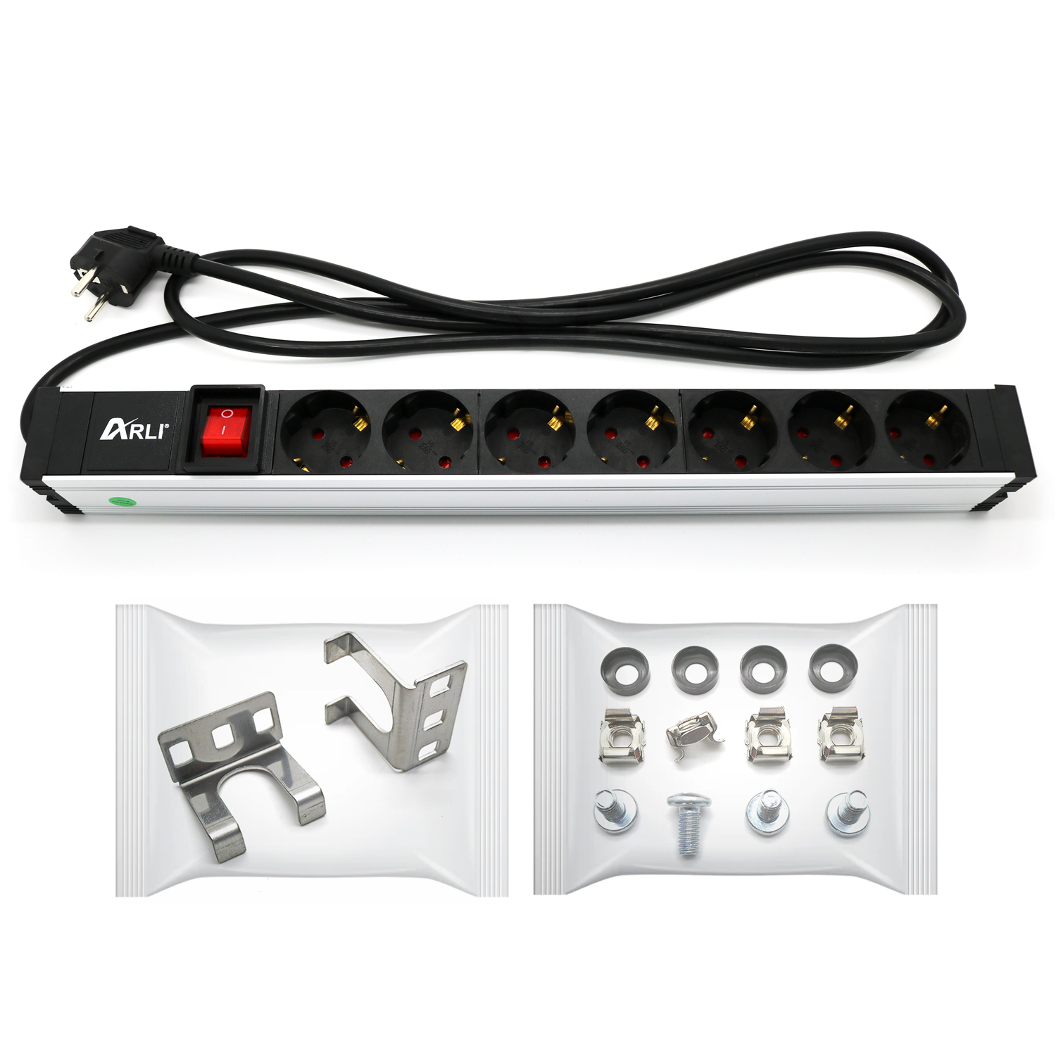 1094-arli-steckdosenleiste-19zoll-01 ARLI 7-fach Steckdosenleiste 19 Zoll mit Schalter & Überspannungsschutz 2m Zuleitung Aluminiumprofil Rackmontage
