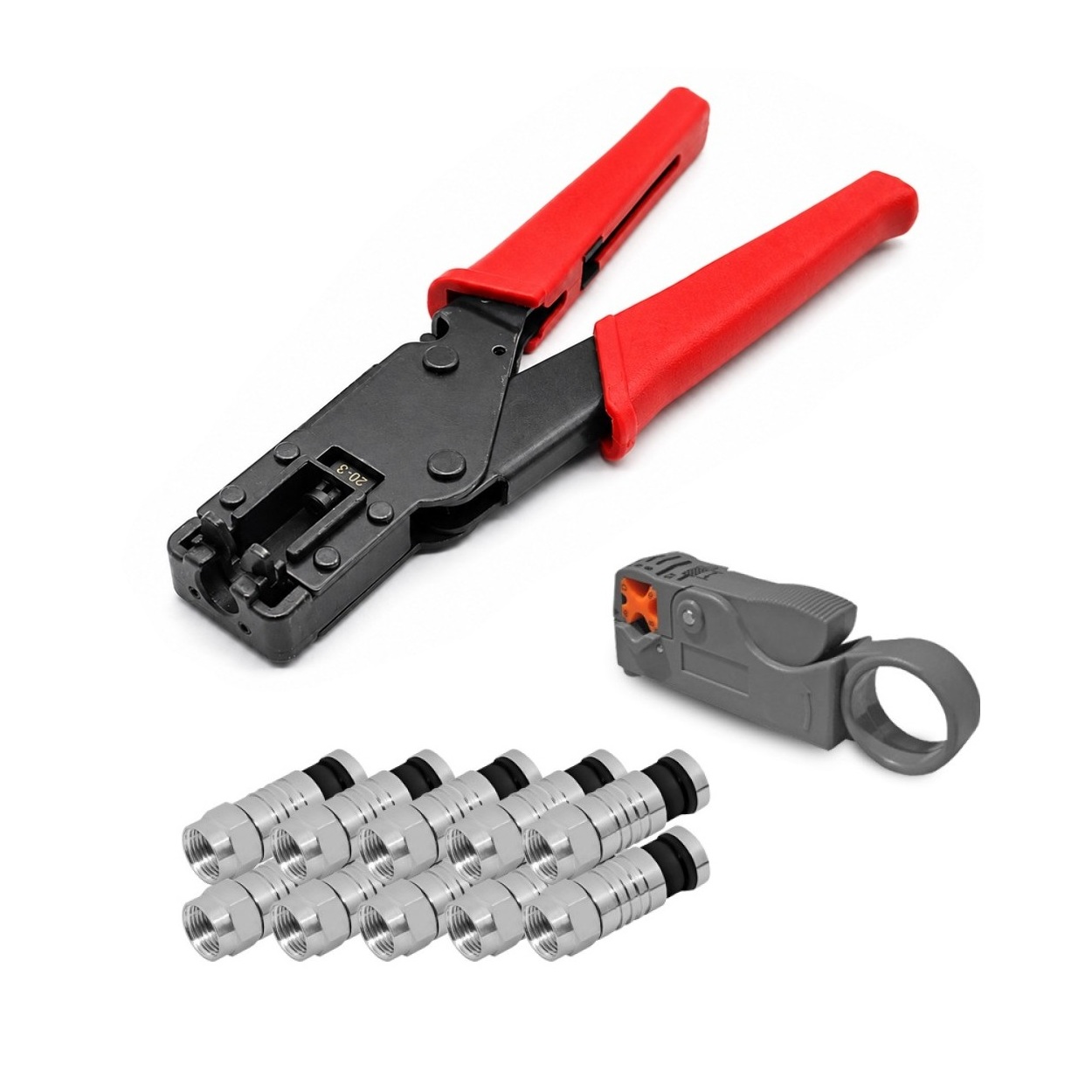 Kompressionszange + Abisoliermesser + 10x F Kompressionsstecker Kompressionsstecker vergoldet gold Kompressionszange kleine Ausführung Crimpzange crimpen Presszange Wasserdicht montieren Kabel 135dB satelliten kabel digitaltauglich konfektionierte TV-Kabe