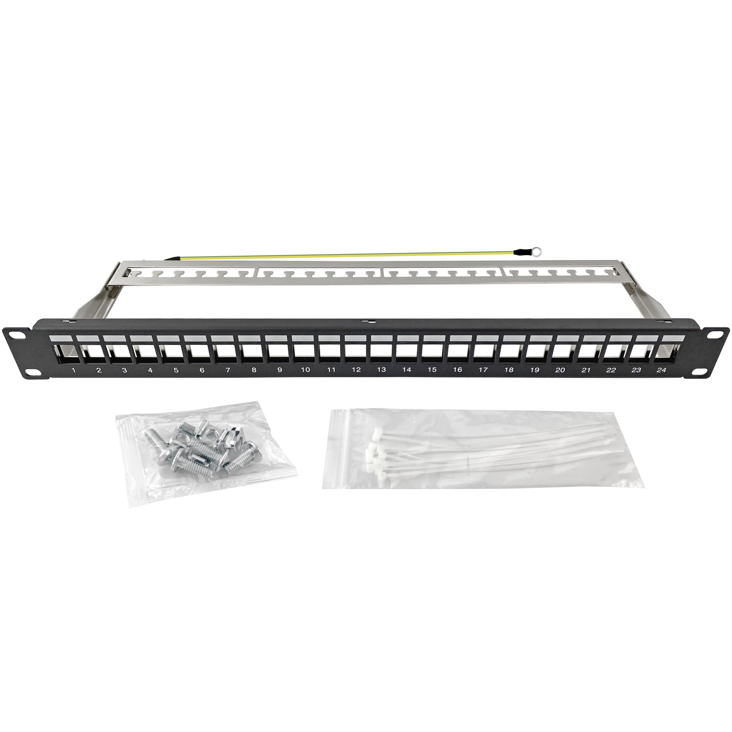 arli-Patchpanel-24-0 ARLI Patchpanel 19" Verteilerfeld 24 Ports blank 1HE geschirmt Kabelmanagement für Keystone Jack Modul