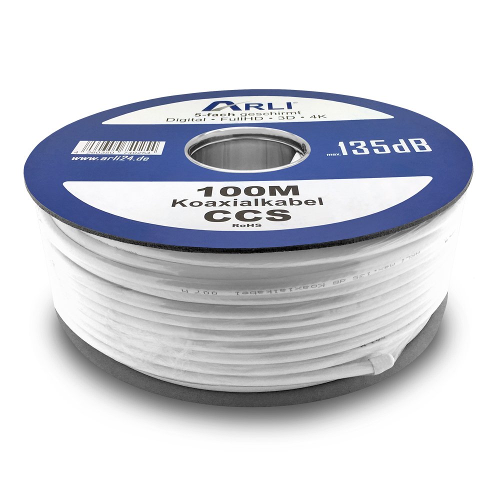Koaxialkabel-100 100m ARLI Koaxialkabel max. 135dB + 10x F-Stecker vergoldet Kabel 135dB satelliten kabel digitaltauglich konfektionierte TV-Kabel DVB-S DVB-C DVB-T 4-fach 5fach schirmung meterware verlegekabel Adapter doppel schüssel 130db 120db 110db Weiß Internetanschl