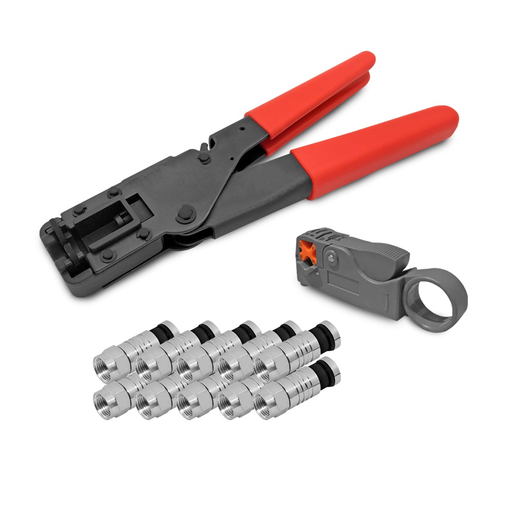 Kompressionszange + Abisoliermesser + 10x F Kompressionsstecker Kompressionsstecker vergoldet gold Kompressionszange kleine Ausführung Crimpzange crimpen Presszange Wasserdicht montieren Kabel 135dB satelliten kabel digitaltauglich konfektionierte TV-Kabe