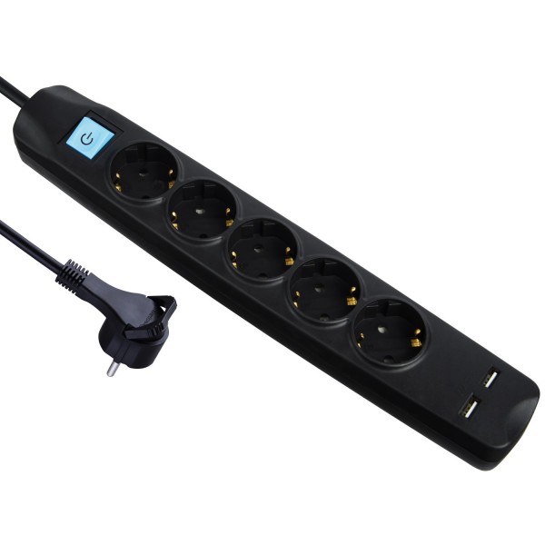 Steckdosenleiste 5 fach mit 2 USB Ladebuchsen 1,5m Kabel Schalter flachem Winkelstecker schwarz