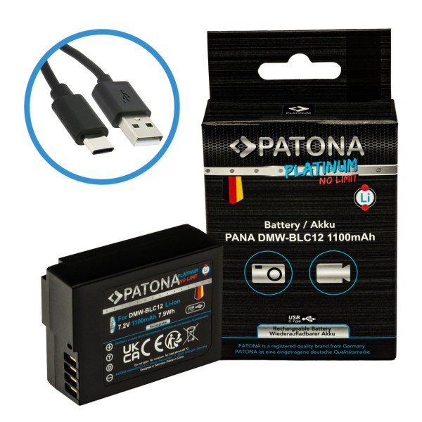 Battery for Panasonic DMW-BLC12 mit USB-C Input FZ2000 FZ300 GX8 G81 GH2