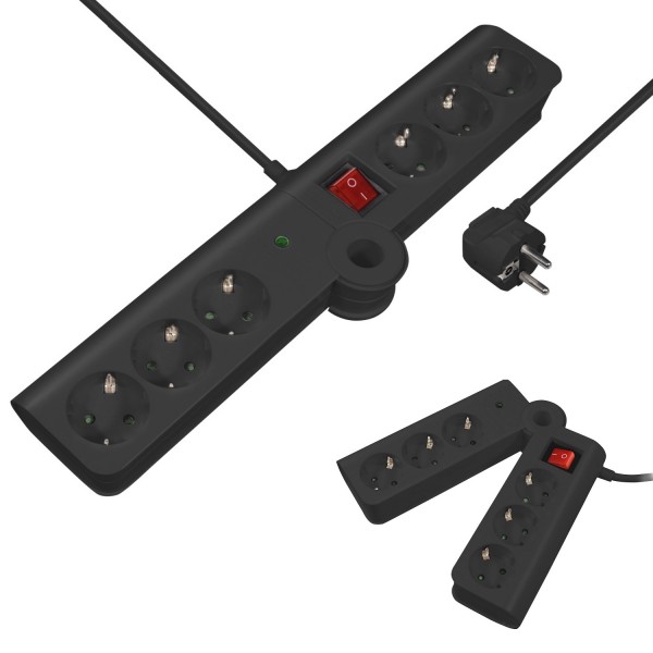 5m Steckdosenleiste 6 fach schwarz faltbar / klappbar mit Schalter und Schutzkontakt